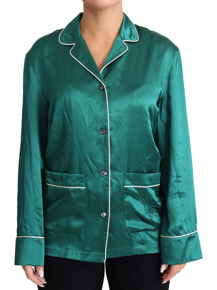Green Pyjama Blouse Silk Lounge Sleepwear Top