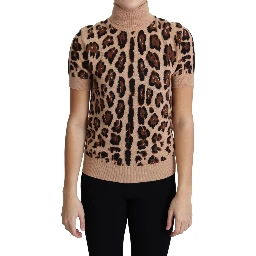 Beige Leopard Print Virgin Wool Turtleneck Top