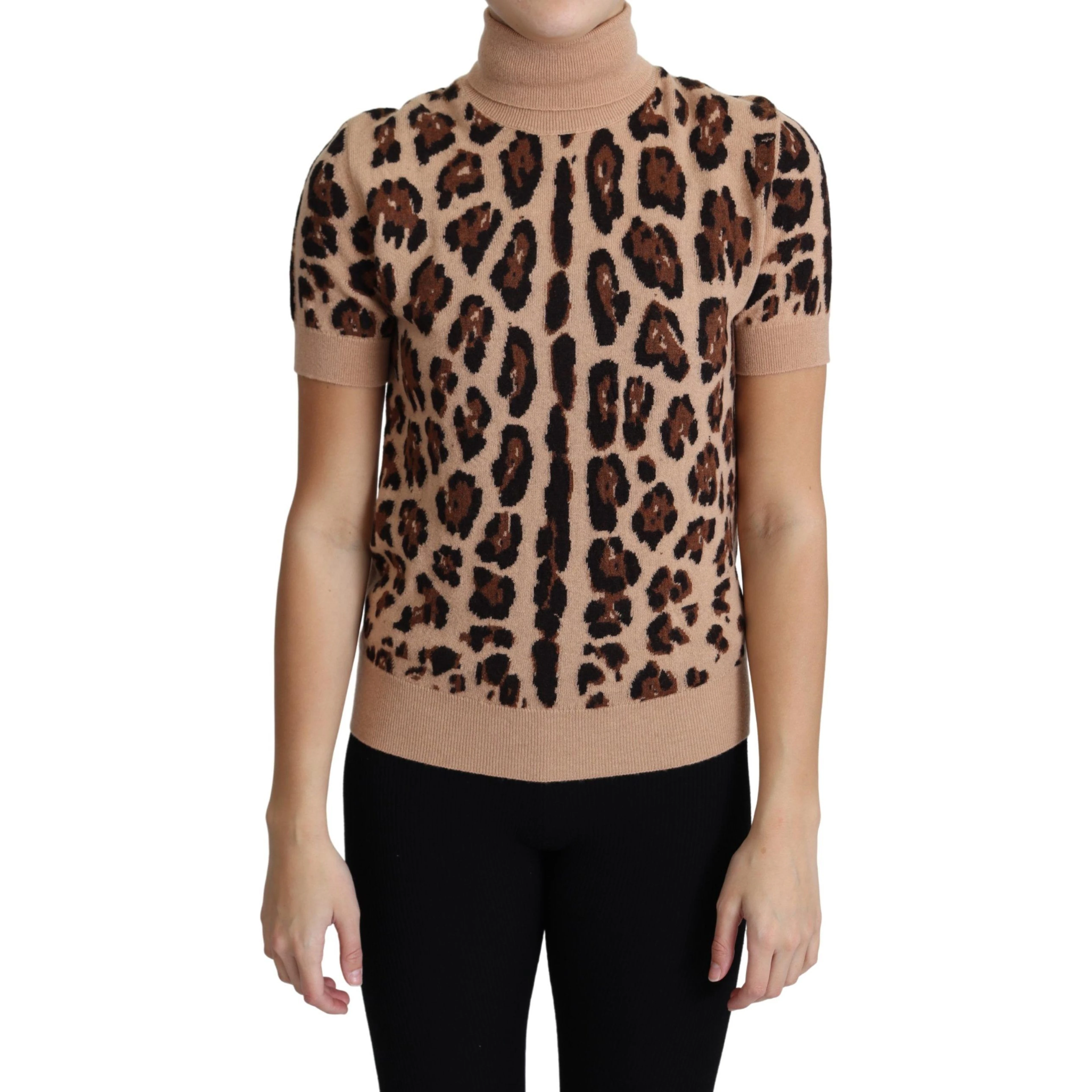 Beige Leopard Print Virgin Wool Turtleneck Top