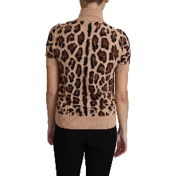 Beige Leopard Print Virgin Wool Turtleneck Top