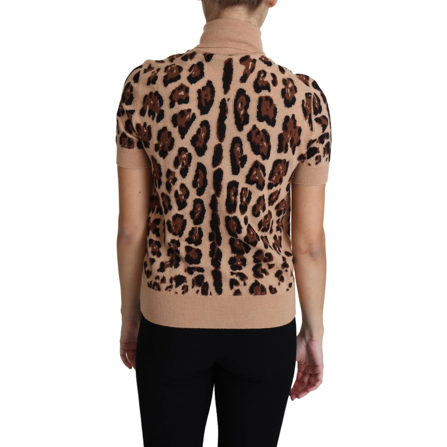 Beige Leopard Print Virgin Wool Turtleneck Top