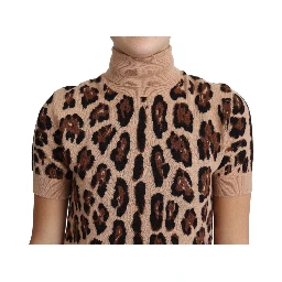 Beige Leopard Print Virgin Wool Turtleneck Top