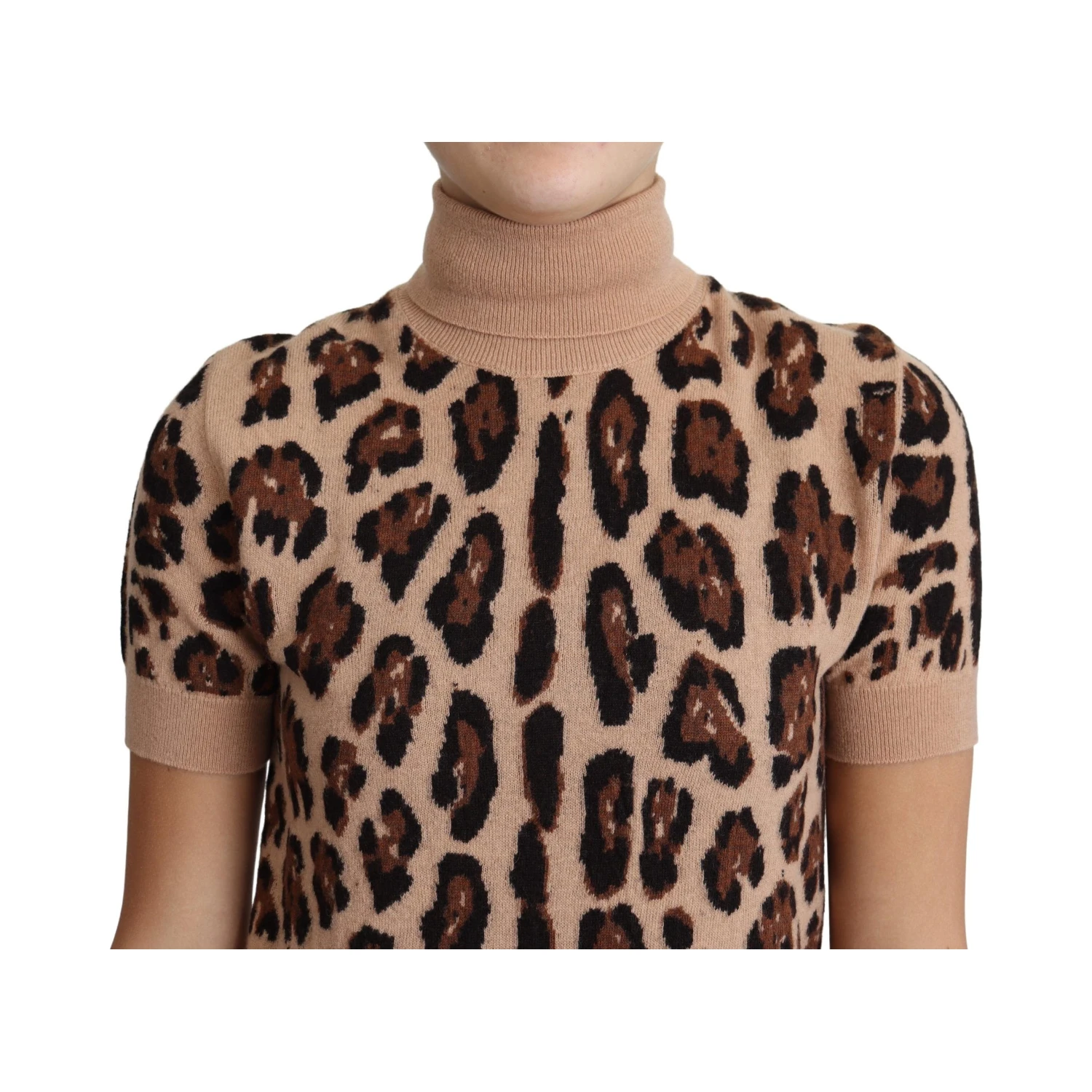 Beige Leopard Print Virgin Wool Turtleneck Top