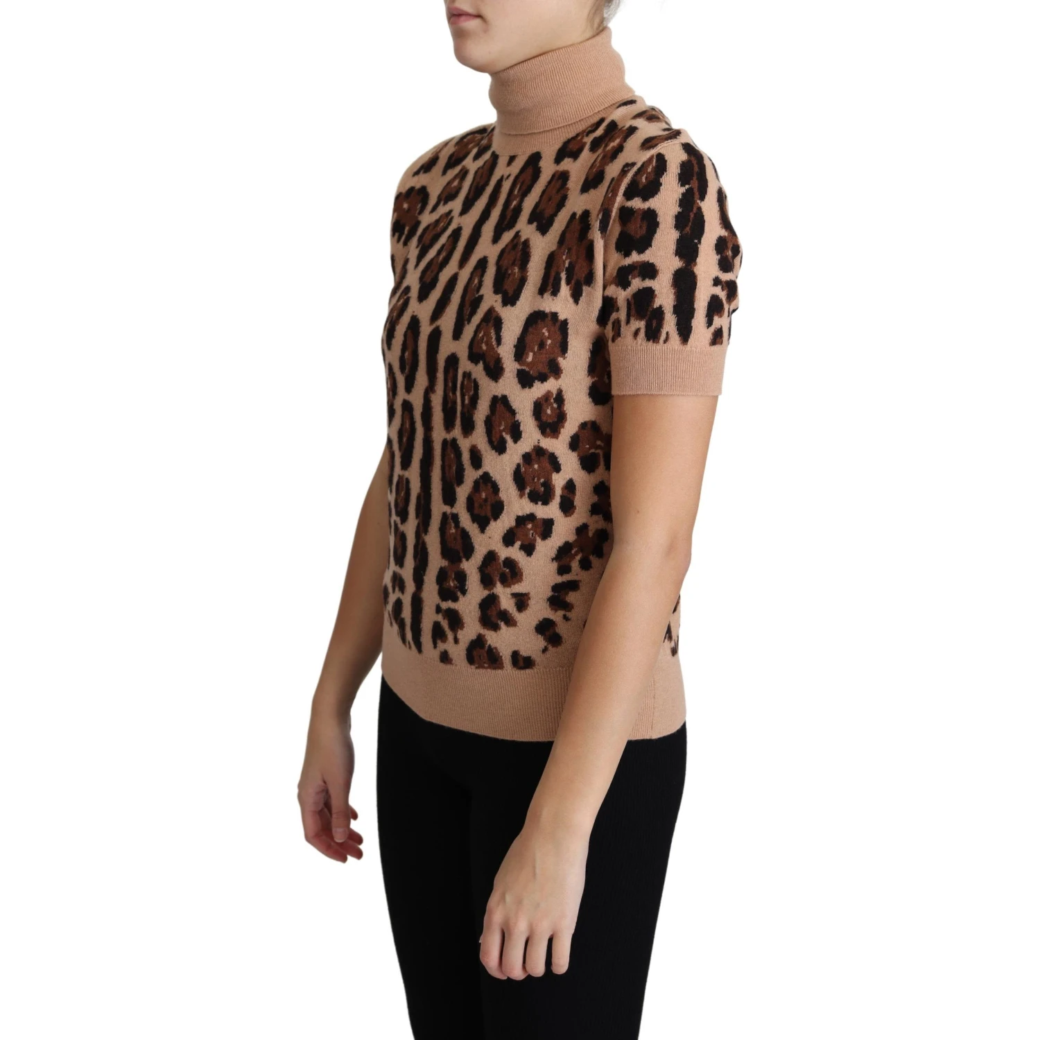 Beige Leopard Print Virgin Wool Turtleneck Top
