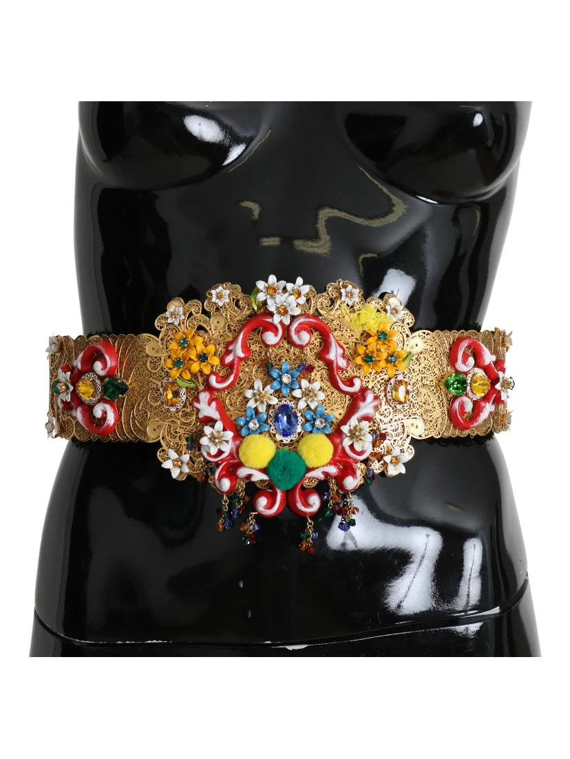 Embellished Floral Crystal Wide Waist Golden Belt