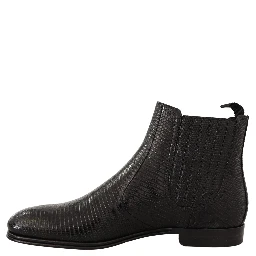 Black Leather Lizard Skin Ankle Boots