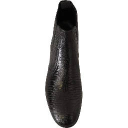 Black Leather Lizard Skin Ankle Boots