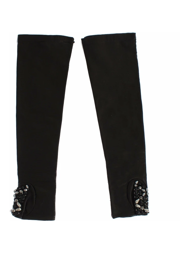 Black Leather Crystal Beaded Finger Free Gloves alternative