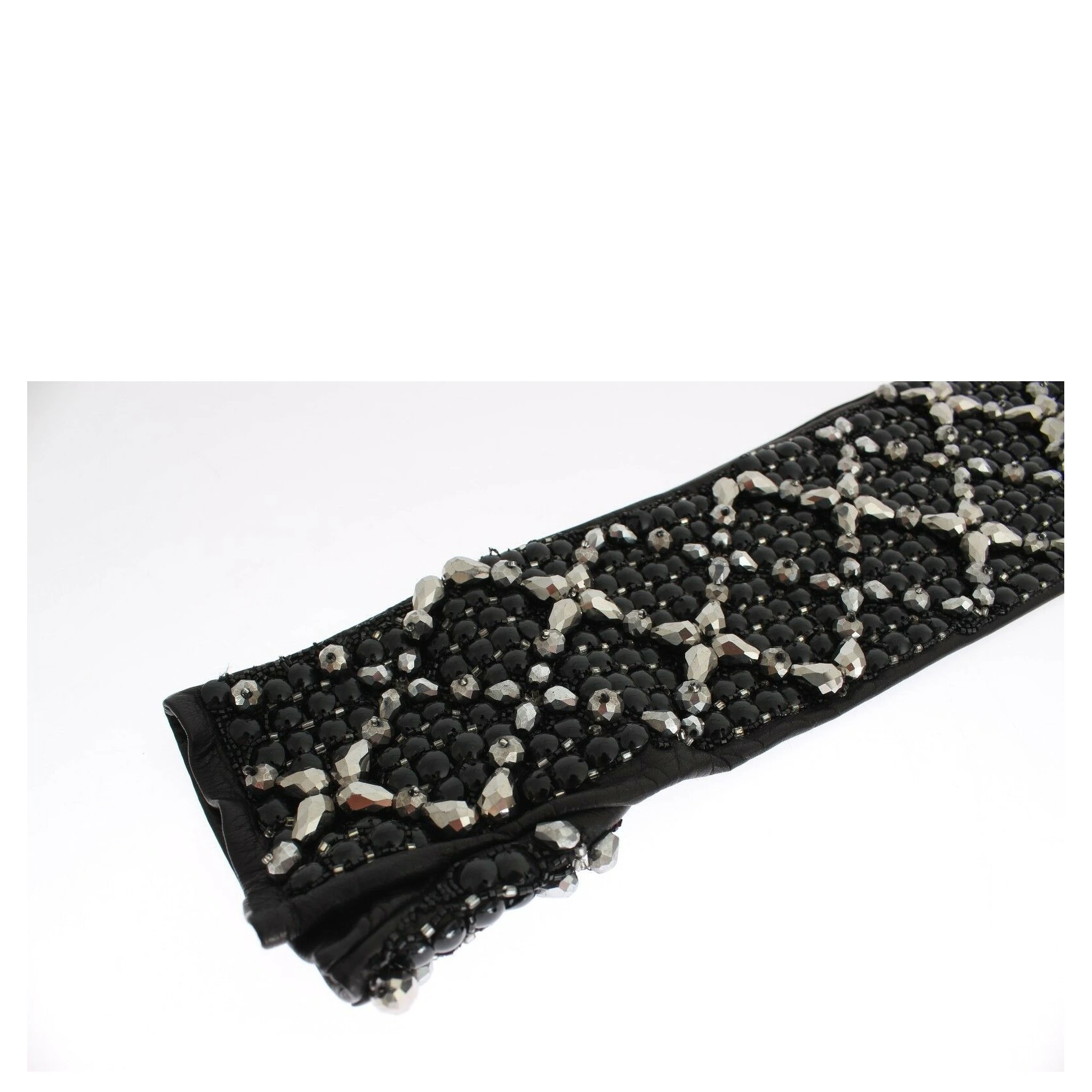 Black Leather Crystal Beaded Finger Free Gloves