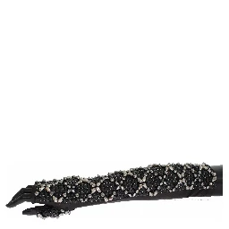 Black Leather Crystal Beaded Finger Free Gloves