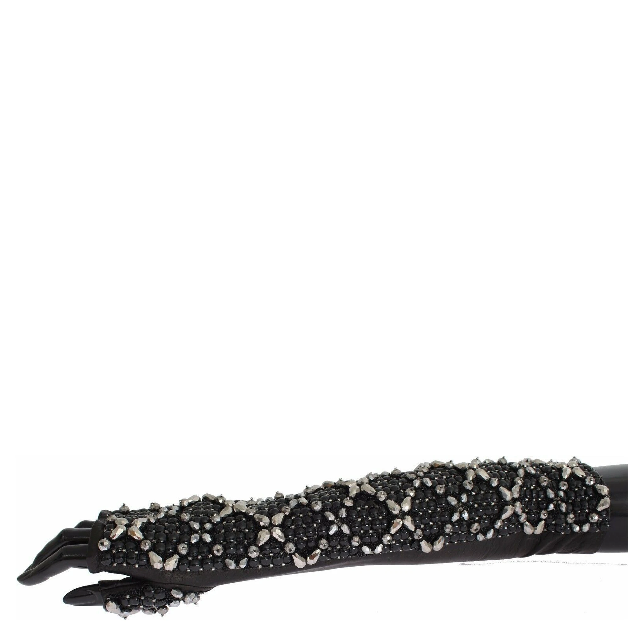 Black Leather Crystal Beaded Finger Free Gloves