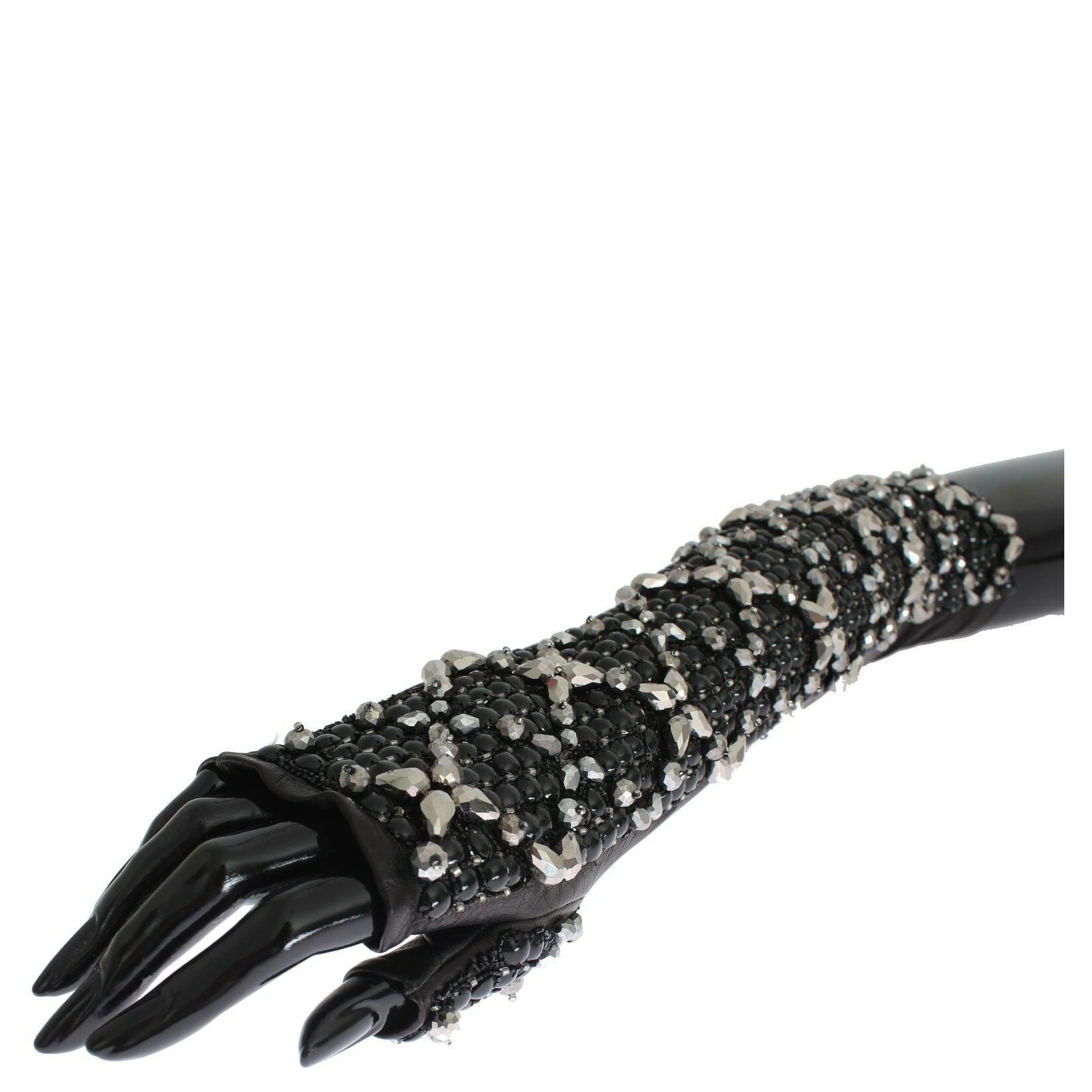 Black Leather Crystal Beaded Finger Free Gloves