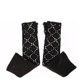 Black Leather Crystal Beaded Finger Free Gloves