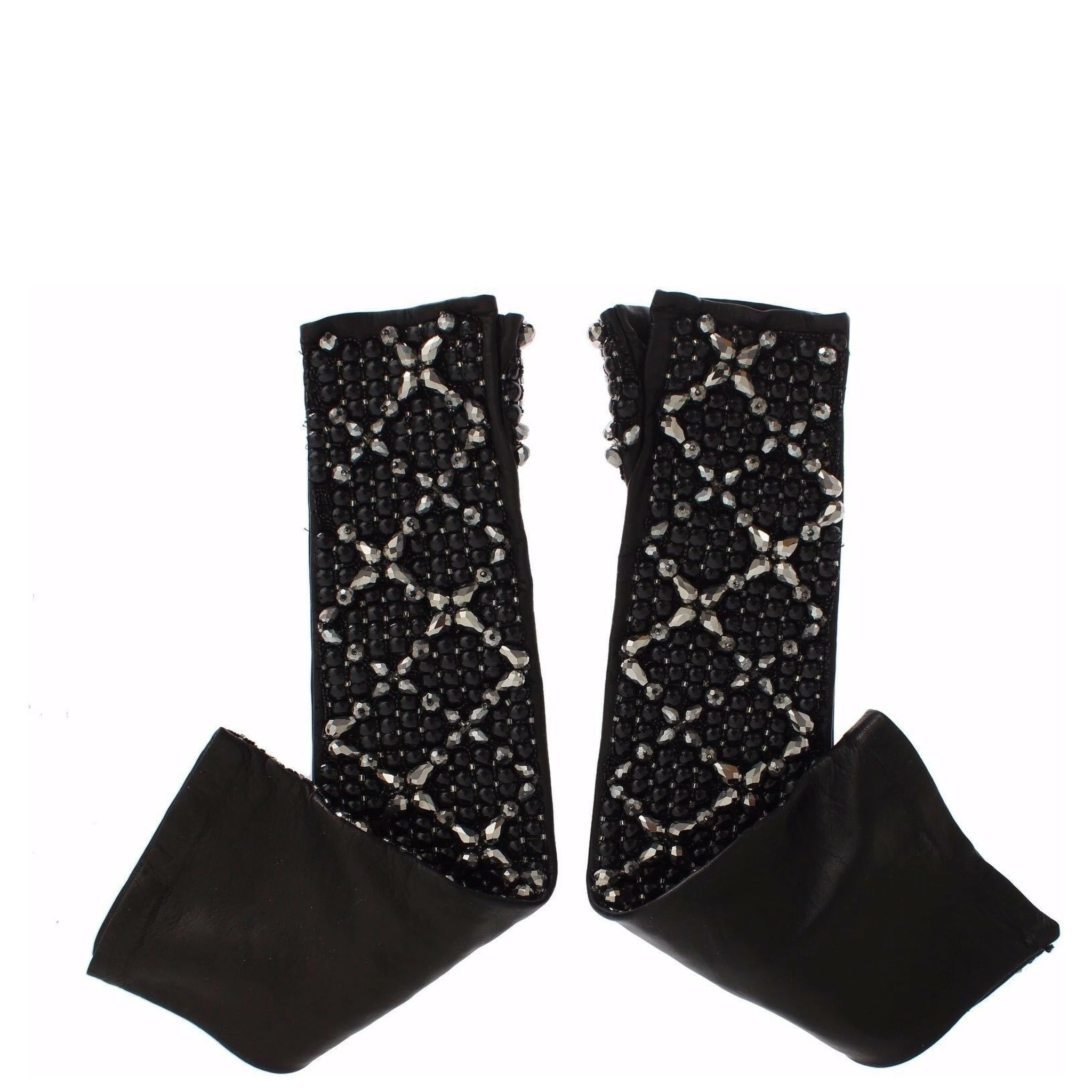 Black Leather Crystal Beaded Finger Free Gloves
