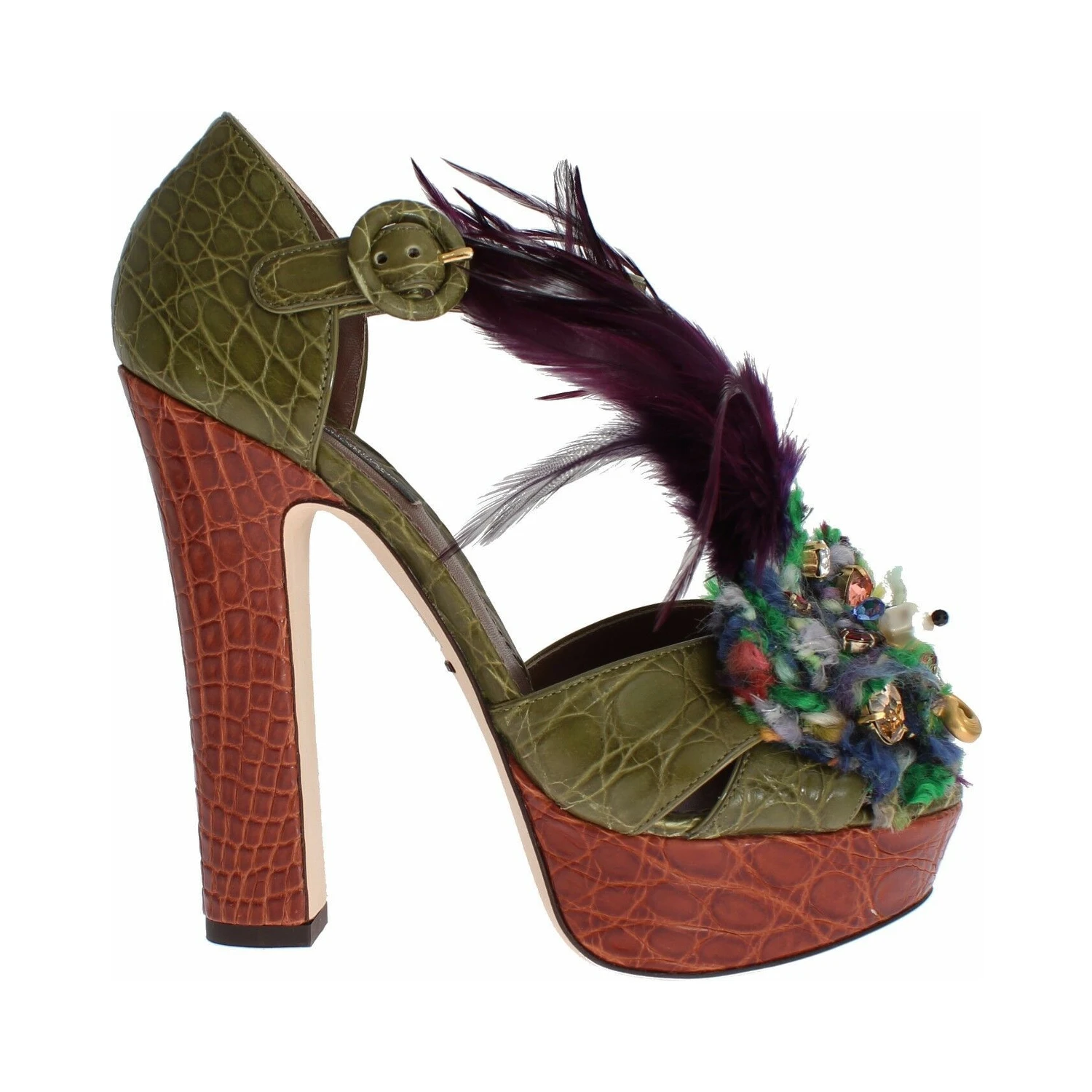Green Leather Crystal Platform Sandal Shoes