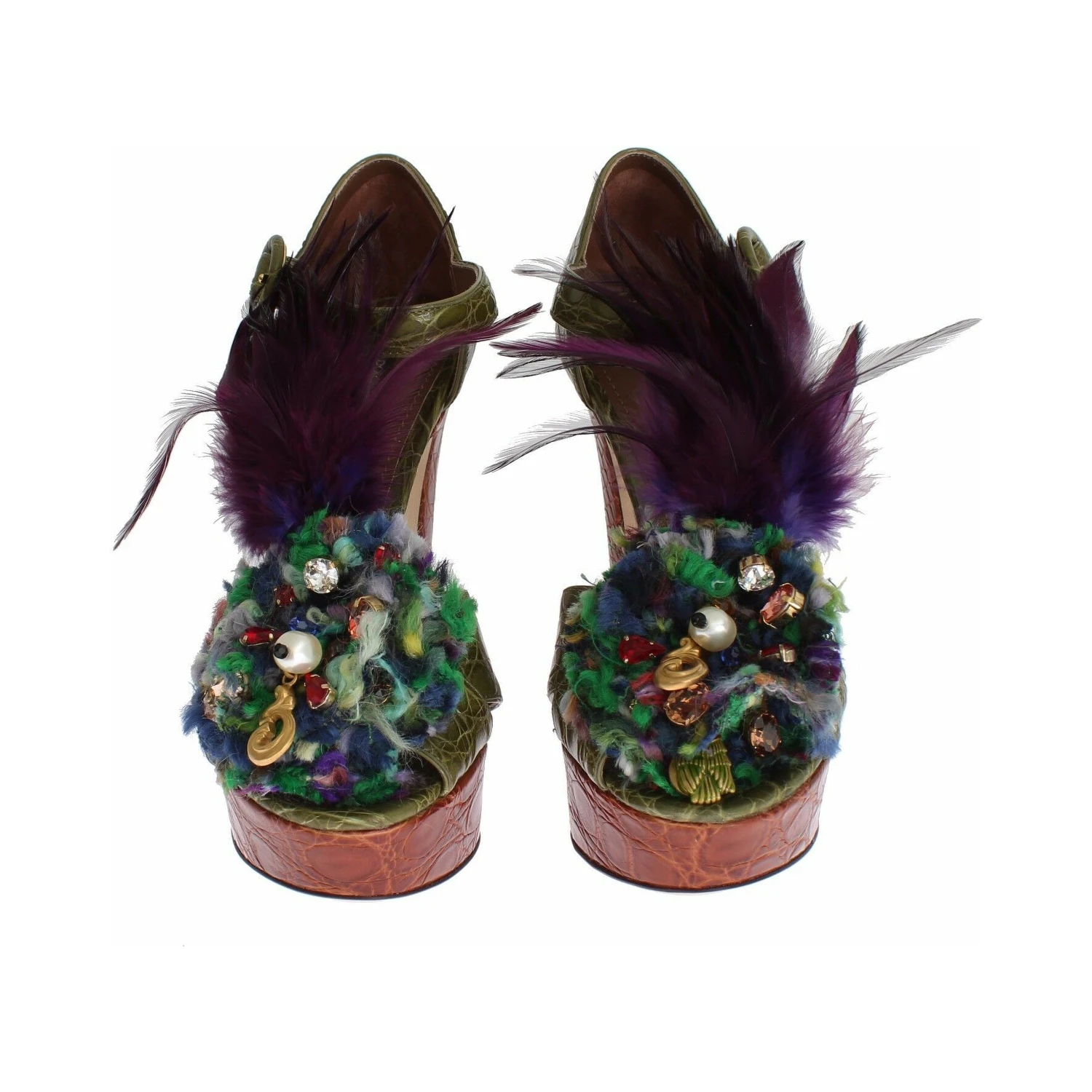 Green Leather Crystal Platform Sandal Shoes