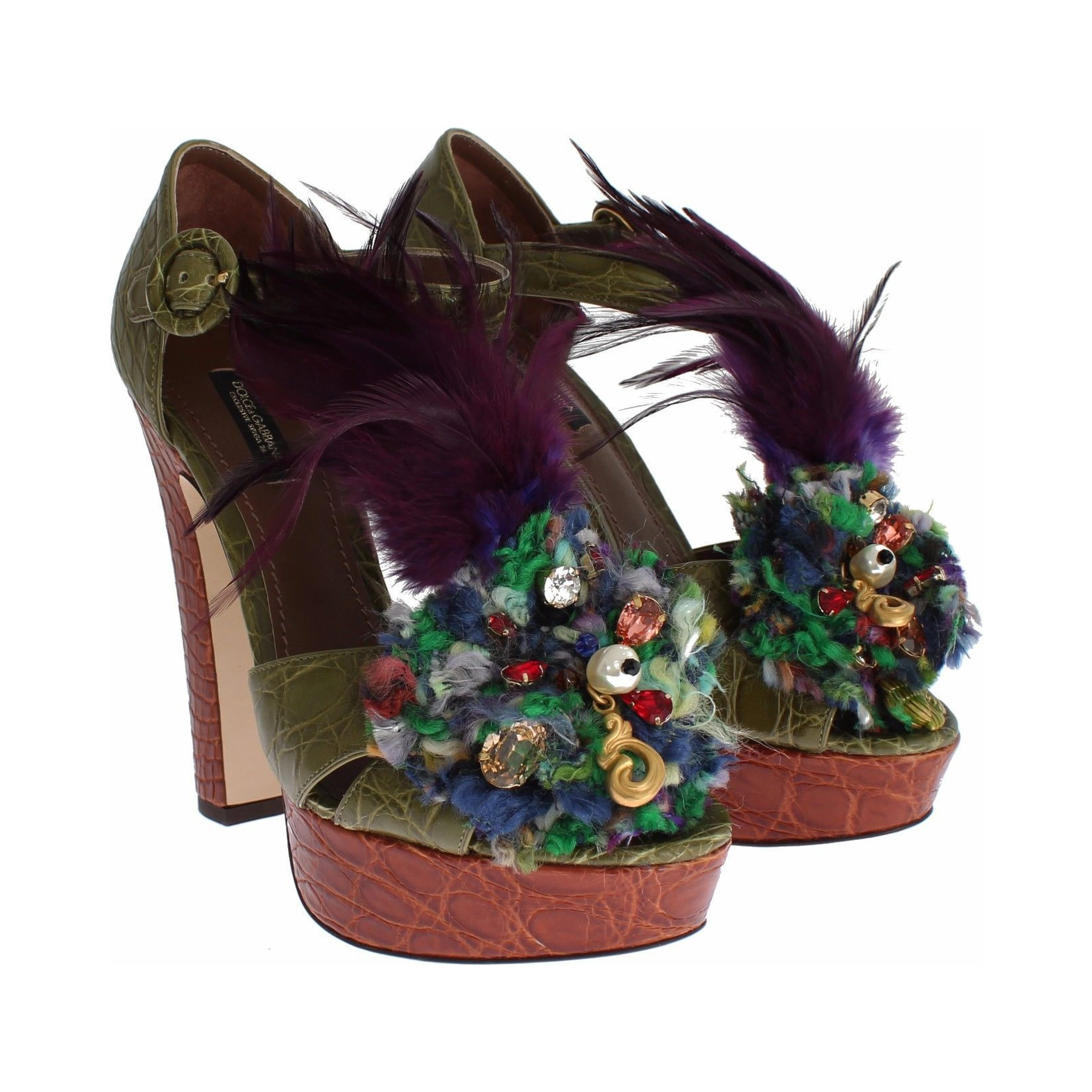 Green Leather Crystal Platform Sandal Shoes