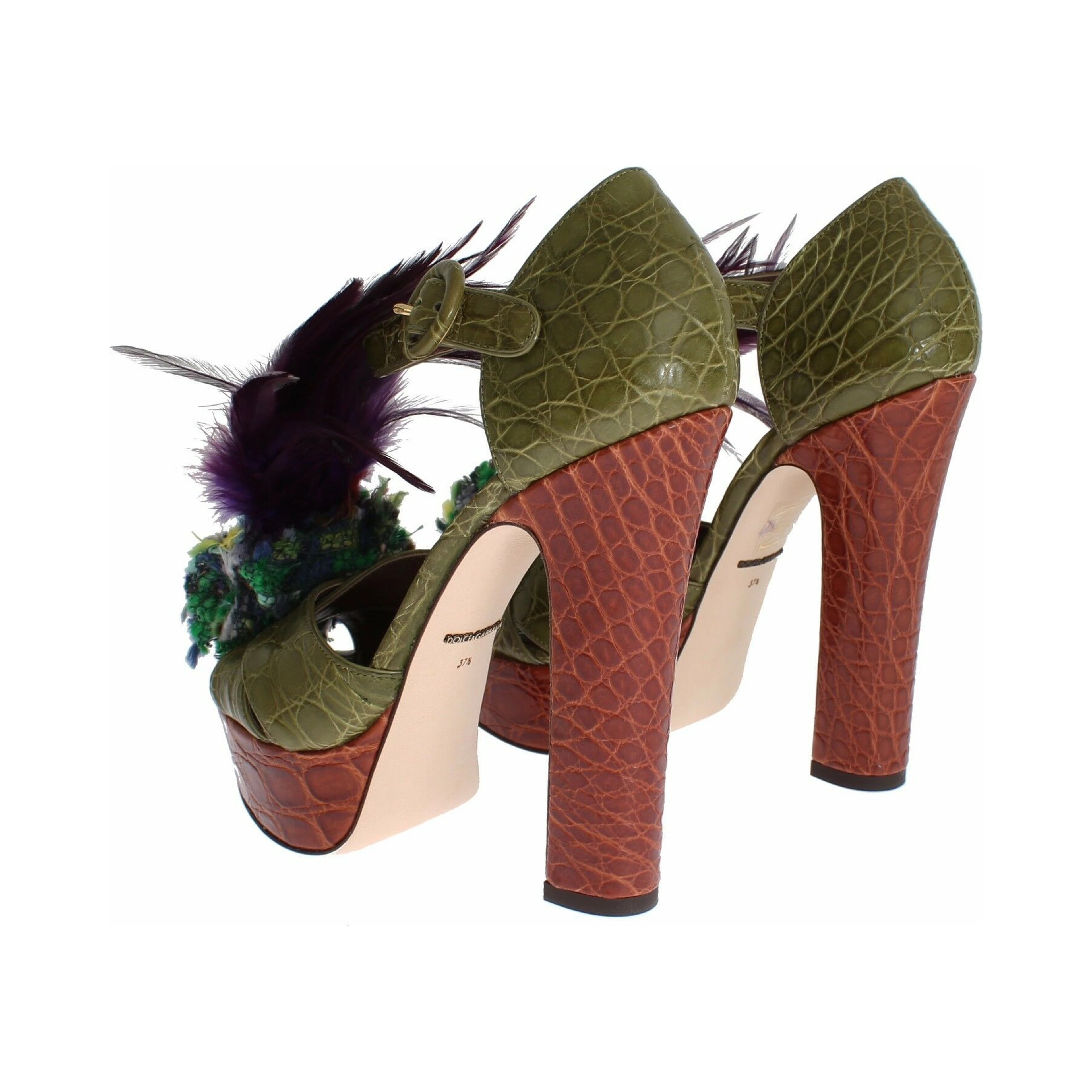 Green Leather Crystal Platform Sandal Shoes