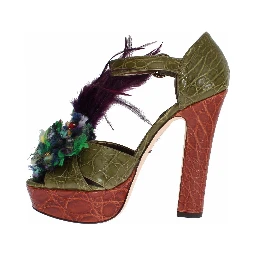 Green Leather Crystal Platform Sandal Shoes