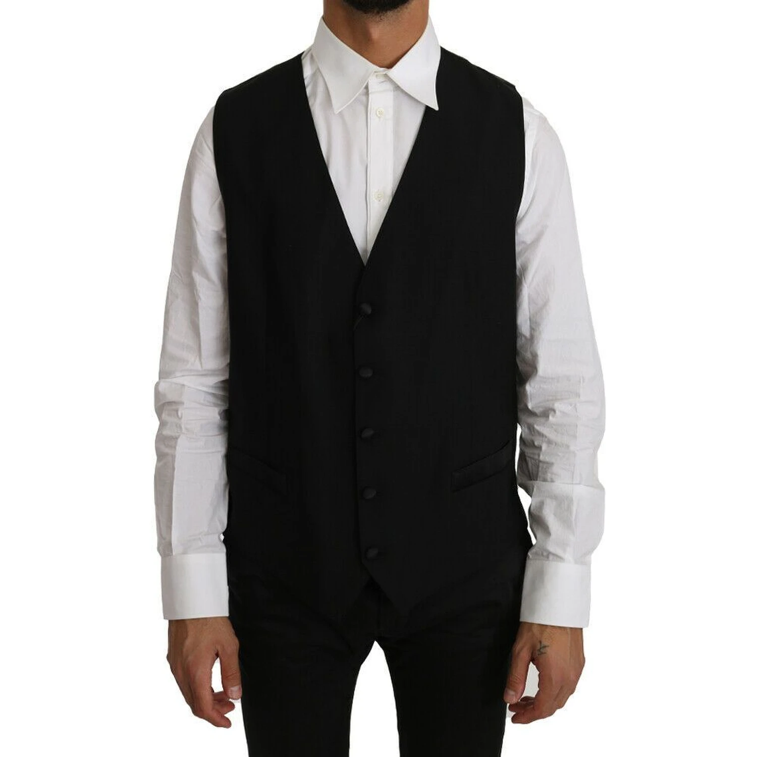 Black Solid Wool Silk Vest