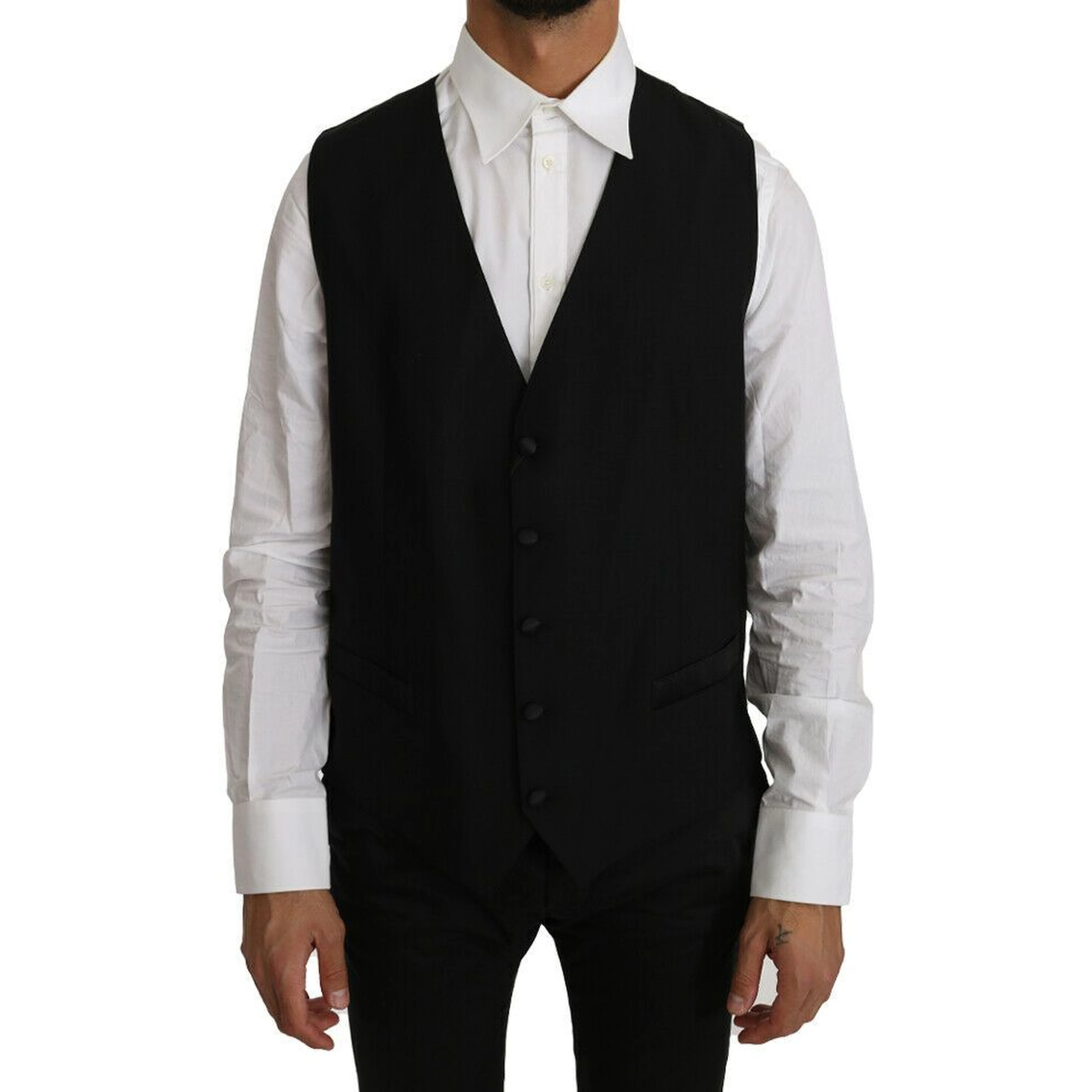 Black Solid Wool Silk Vest