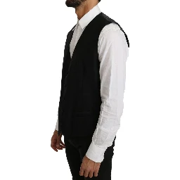 Black Solid Wool Silk Vest