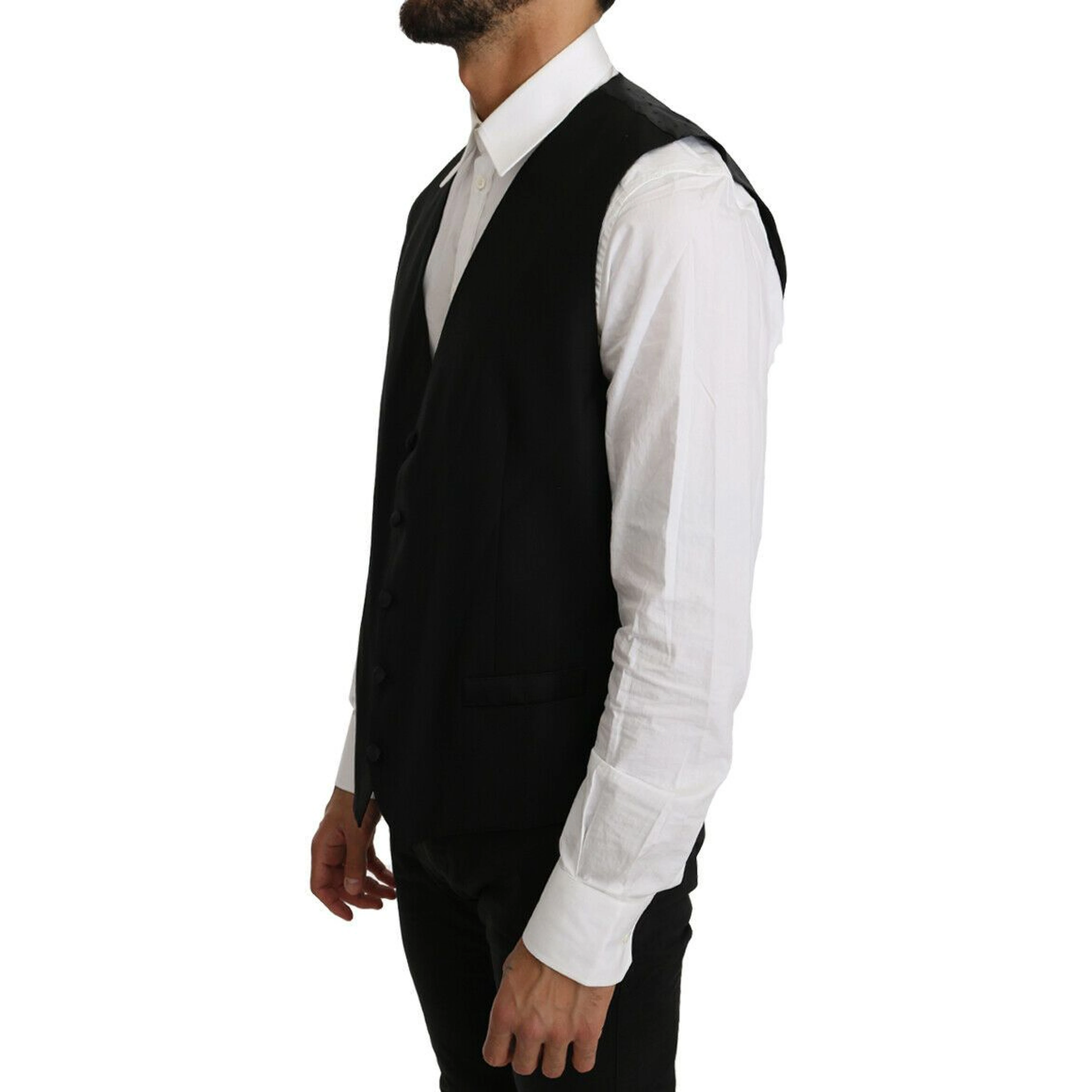 Black Solid Wool Silk Vest