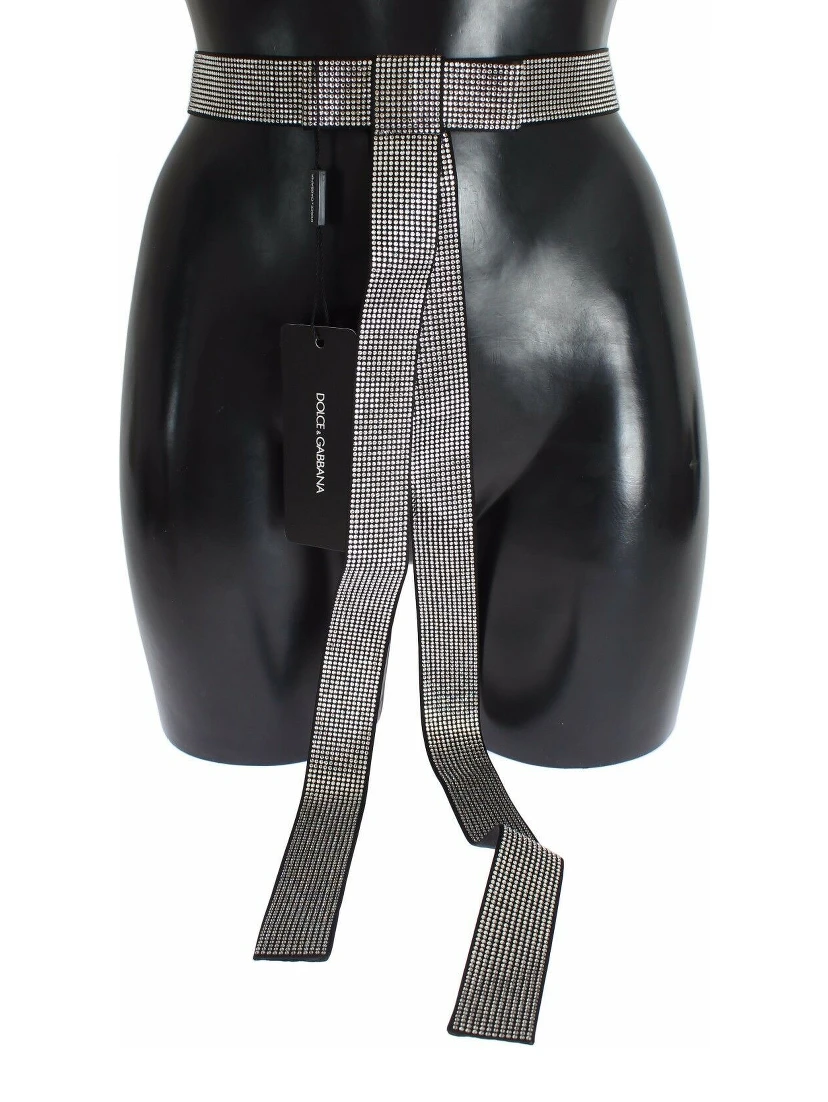 Black Silk Clear Crystal Bow Waist Belt