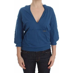 Blue Cotton Top Pullover Deep V-neck Women Sweater