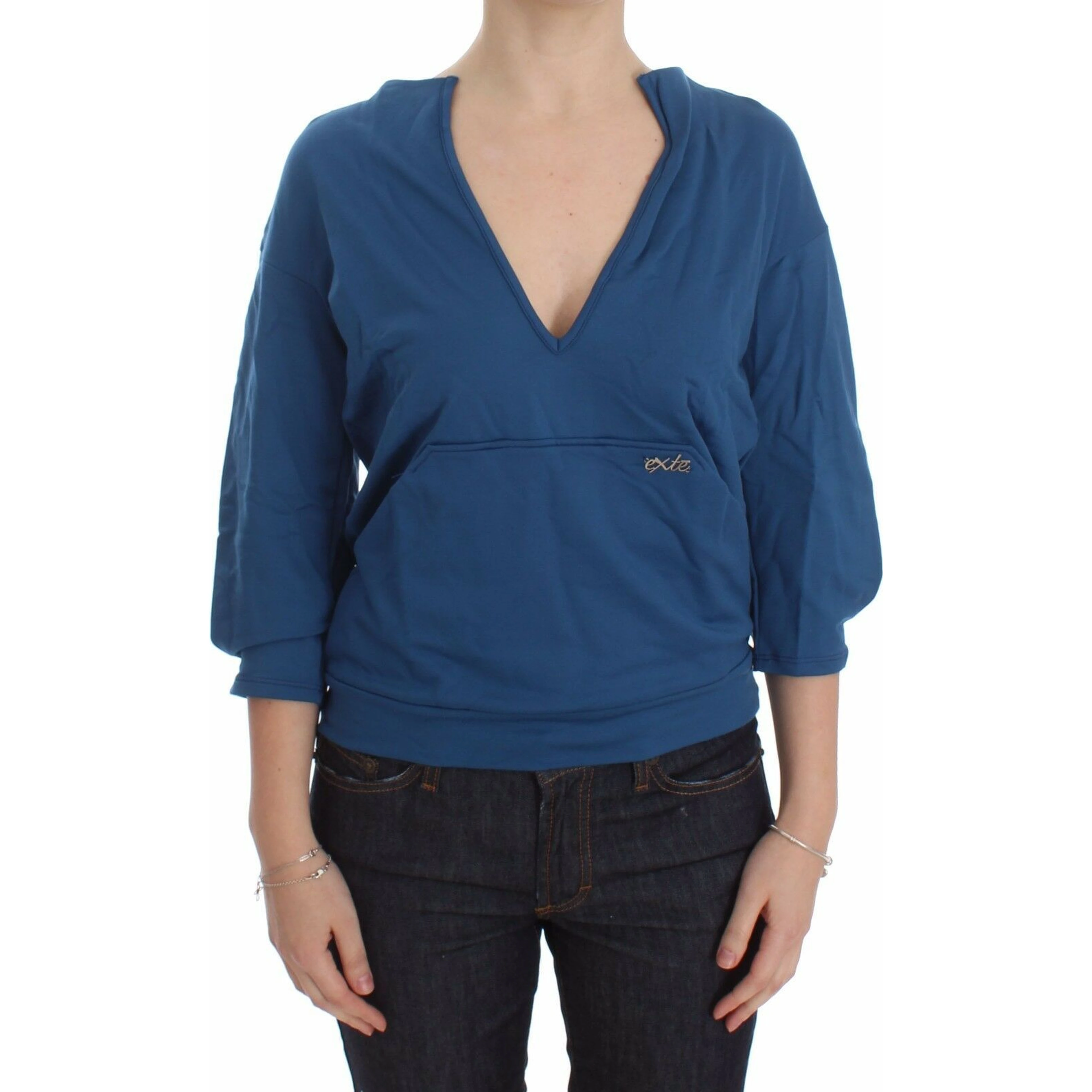 Blue Cotton Top Pullover Deep V-neck Women Sweater
