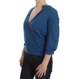 Blue Cotton Top Pullover Deep V-neck Women Sweater
