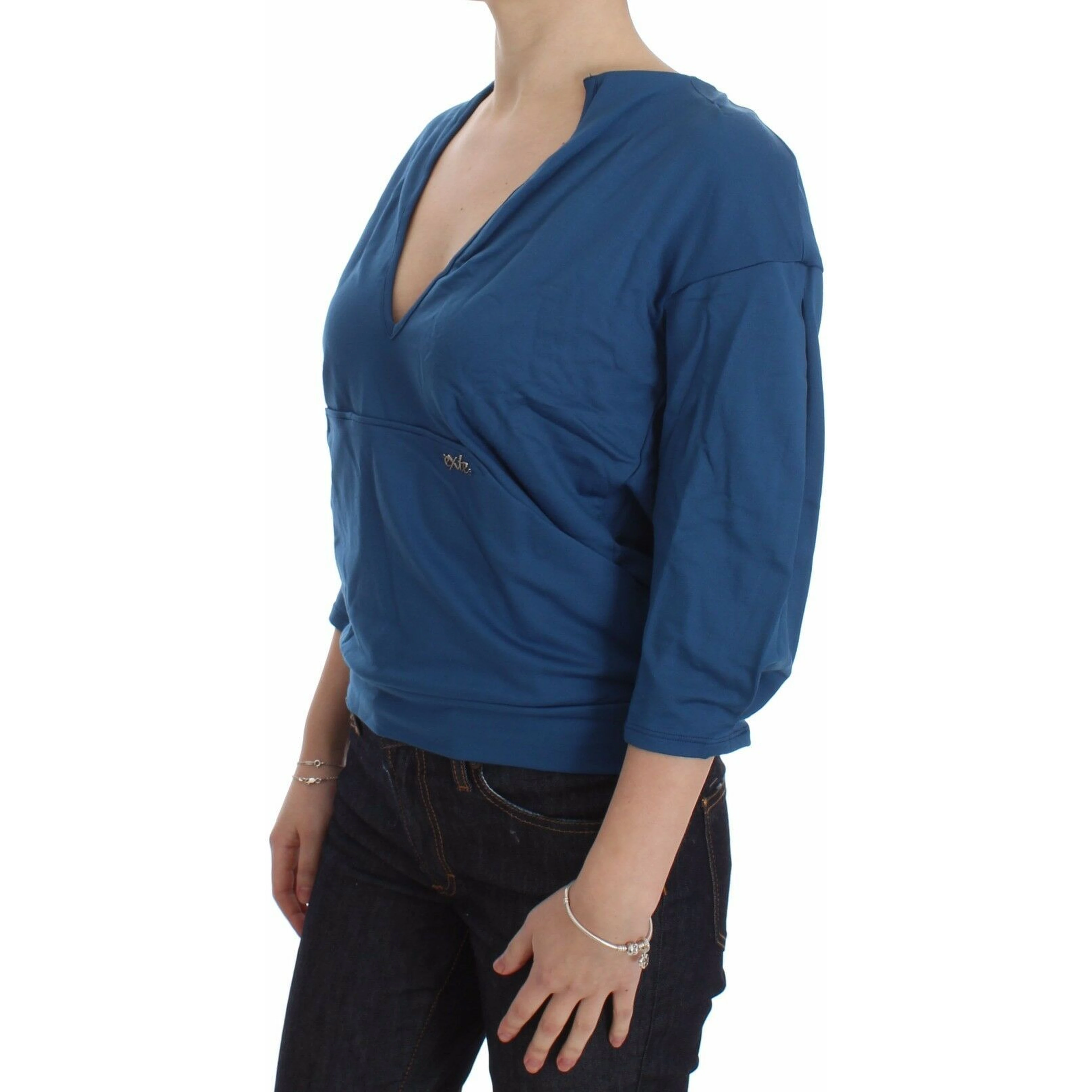 Blue Cotton Top Pullover Deep V-neck Women Sweater