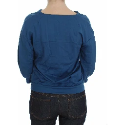 Blue Cotton Top Pullover Deep V-neck Women Sweater