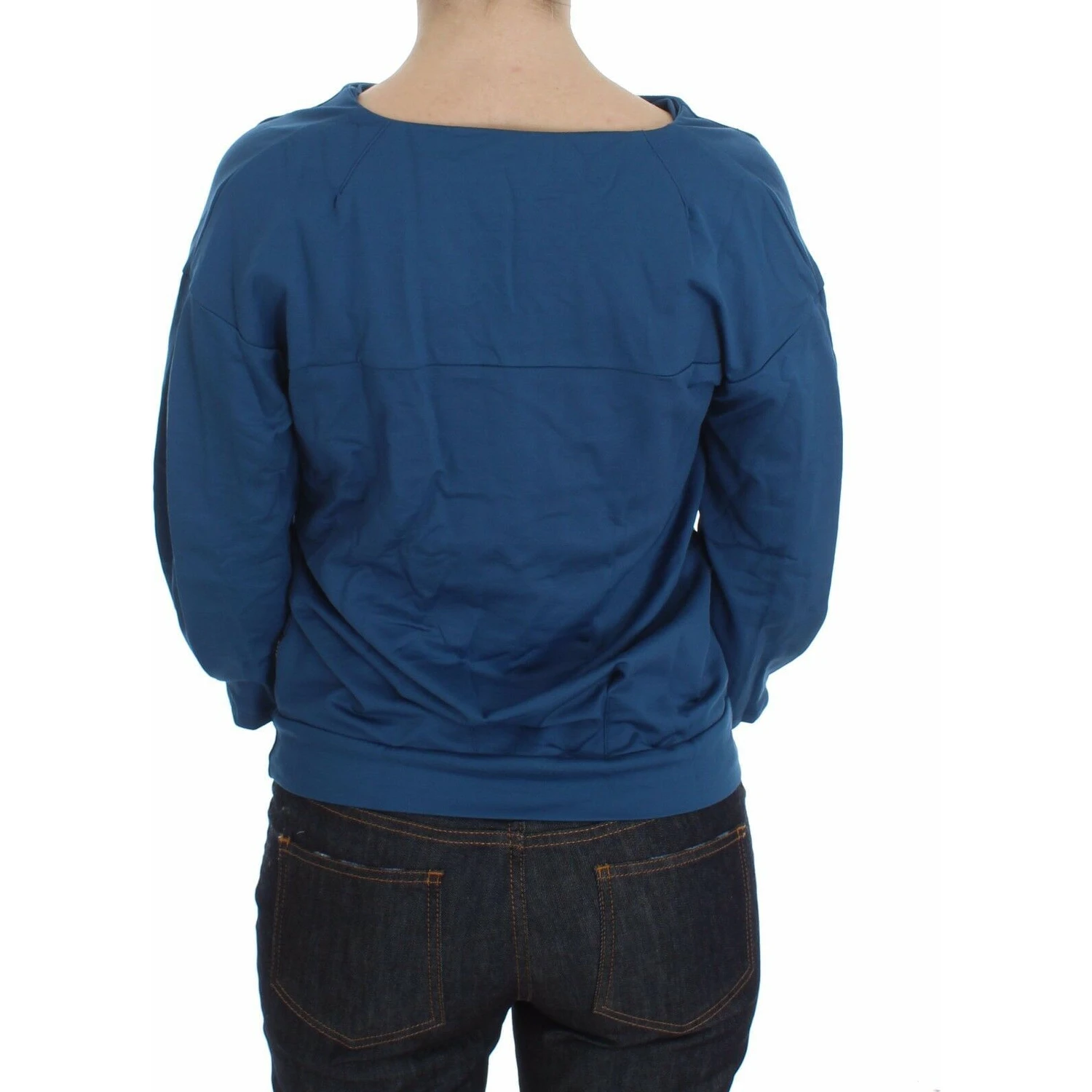 Blue Cotton Top Pullover Deep V-neck Women Sweater
