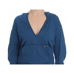 Blue Cotton Top Pullover Deep V-neck Women Sweater