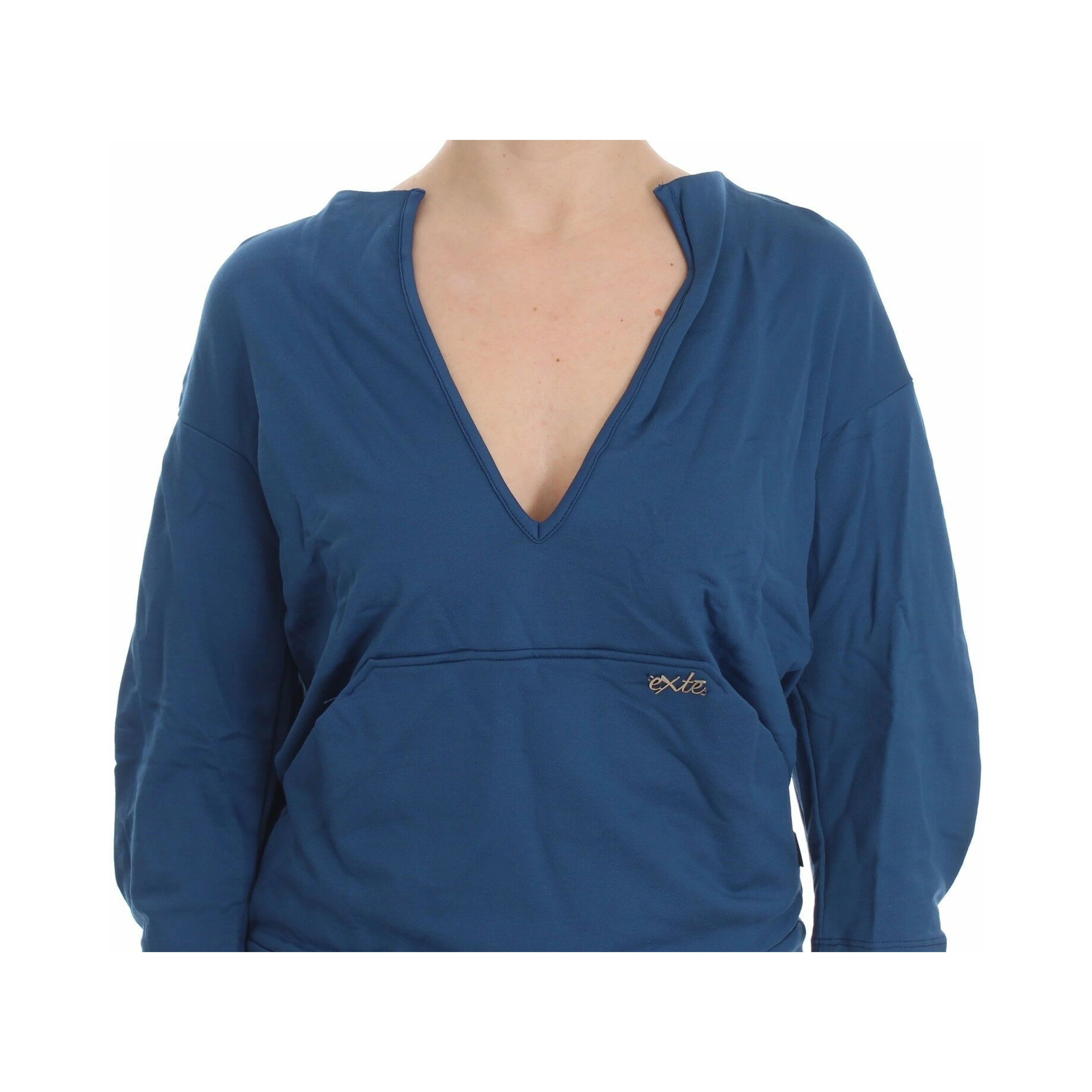 Blue Cotton Top Pullover Deep V-neck Women Sweater