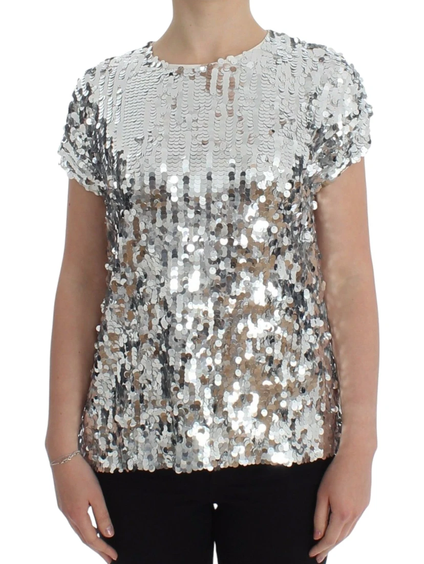 Silver Sequined Crewneck Blouse T-shirt Top