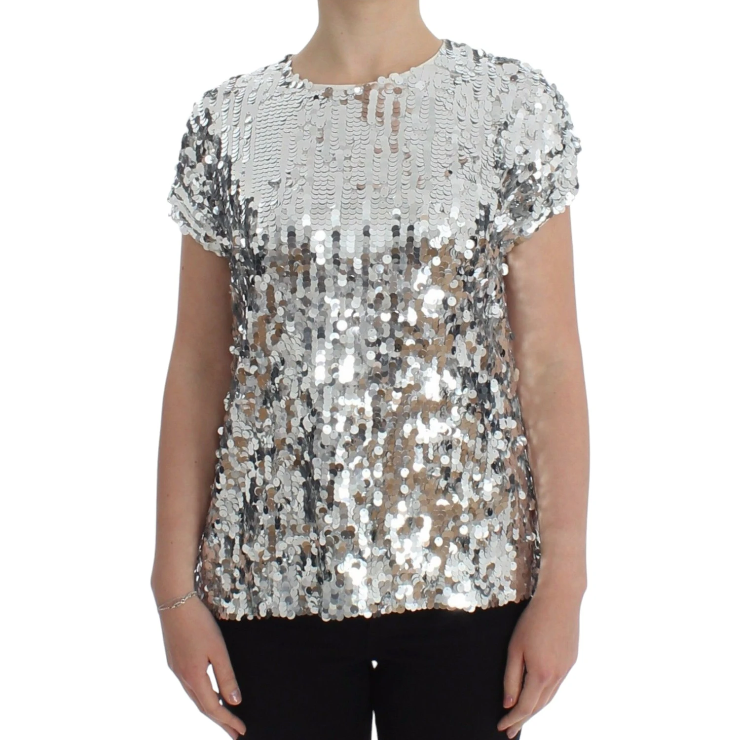 Silver Sequined Crewneck Blouse T-shirt Top