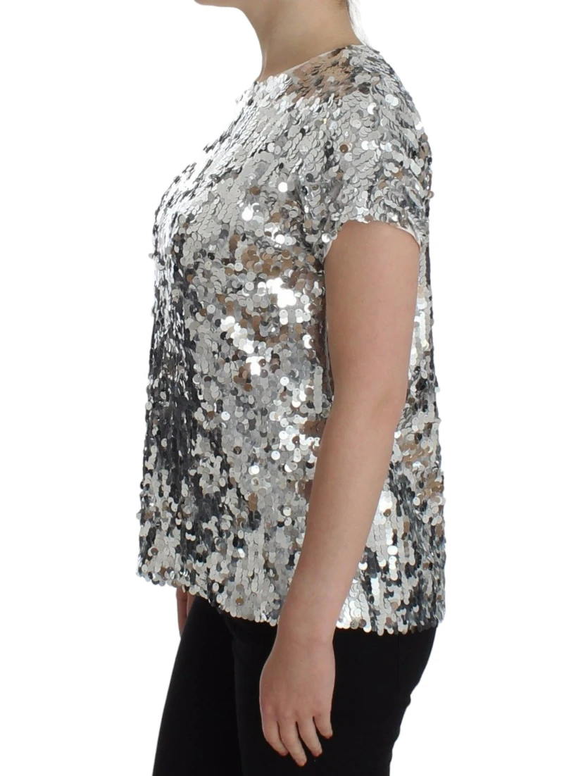 Silver Sequined Crewneck Blouse T-shirt Top