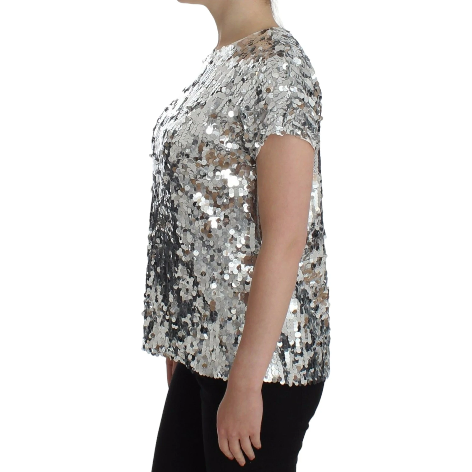 Silver Sequined Crewneck Blouse T-shirt Top