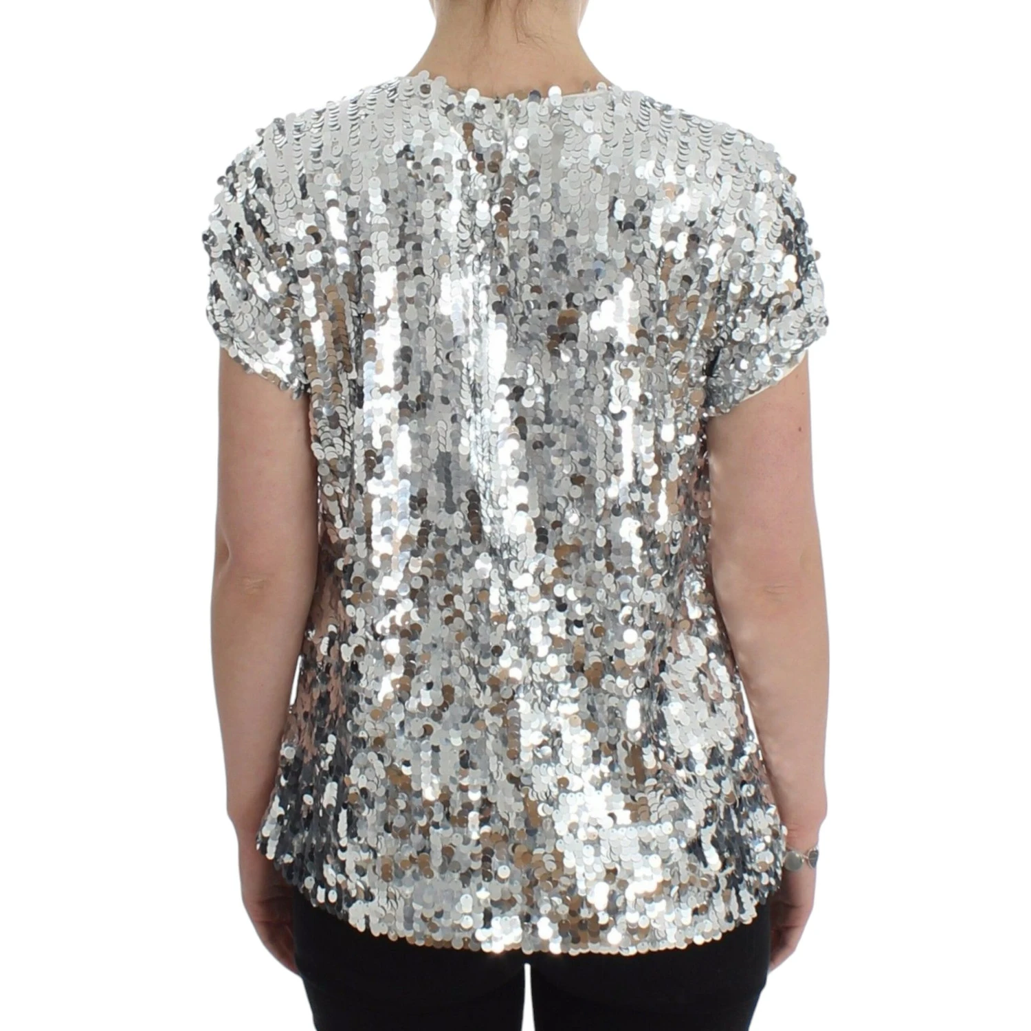 Silver Sequined Crewneck Blouse T-shirt Top
