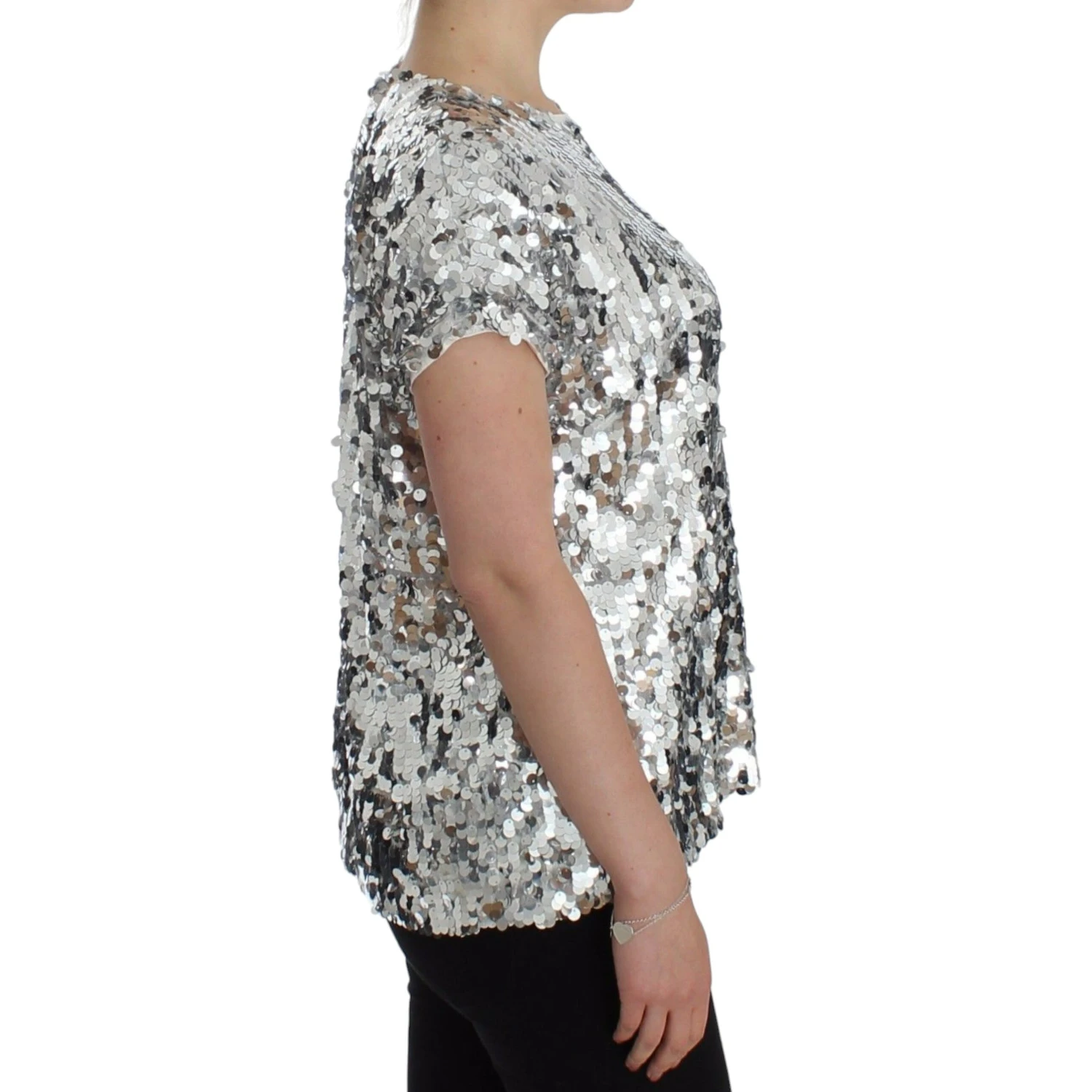 Silver Sequined Crewneck Blouse T-shirt Top