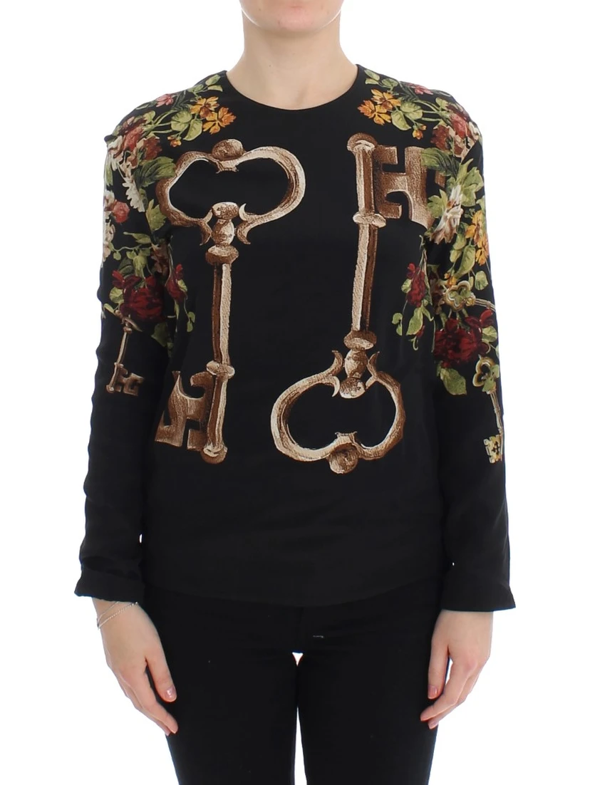 Black Key Floral Print Silk Blouse Top