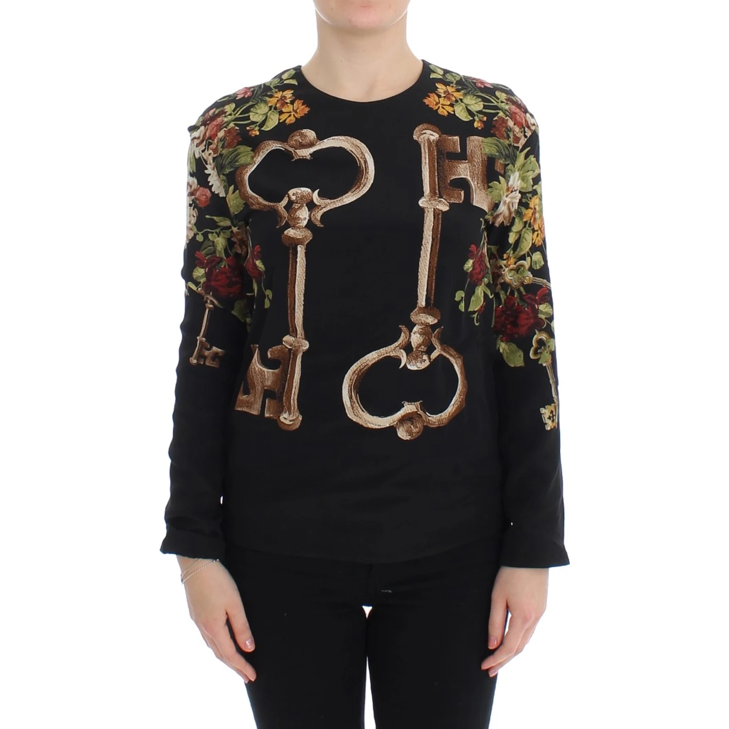 Black Key Floral Print Silk Blouse Top