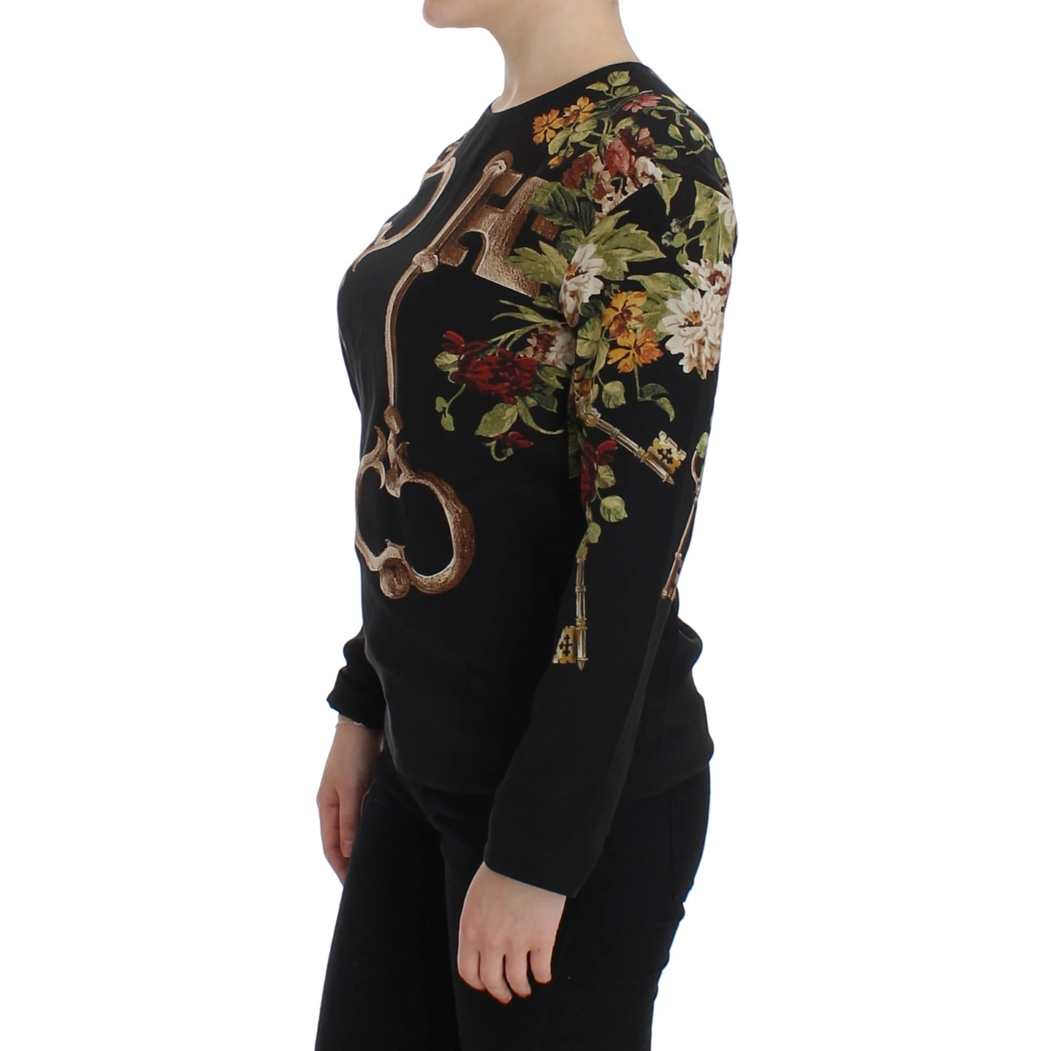 Black Key Floral Print Silk Blouse Top