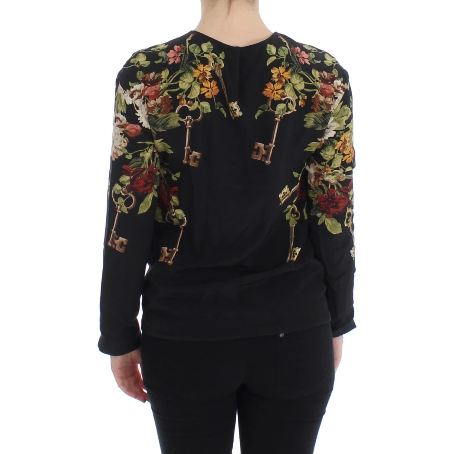 Black Key Floral Print Silk Blouse Top