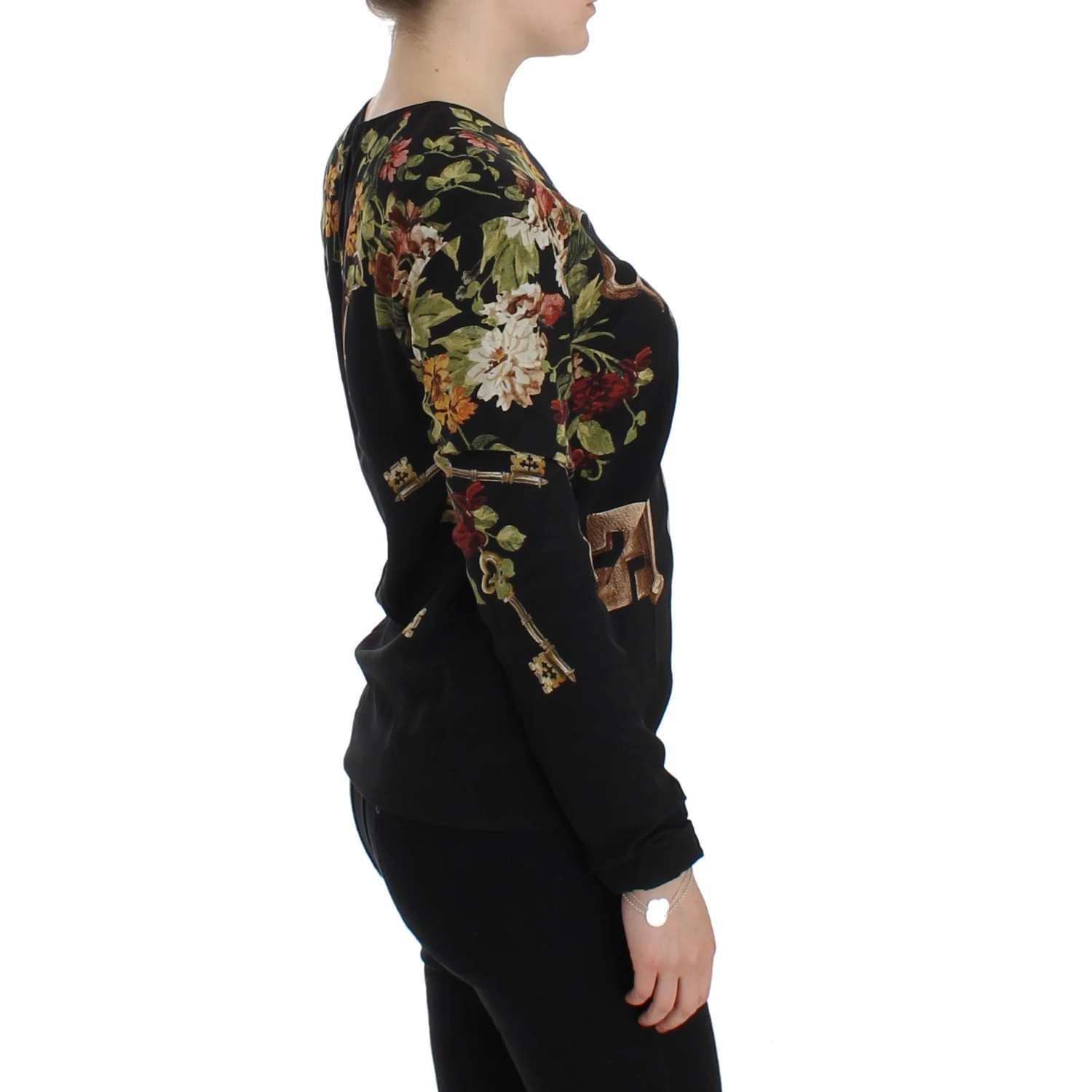 Black Key Floral Print Silk Blouse Top