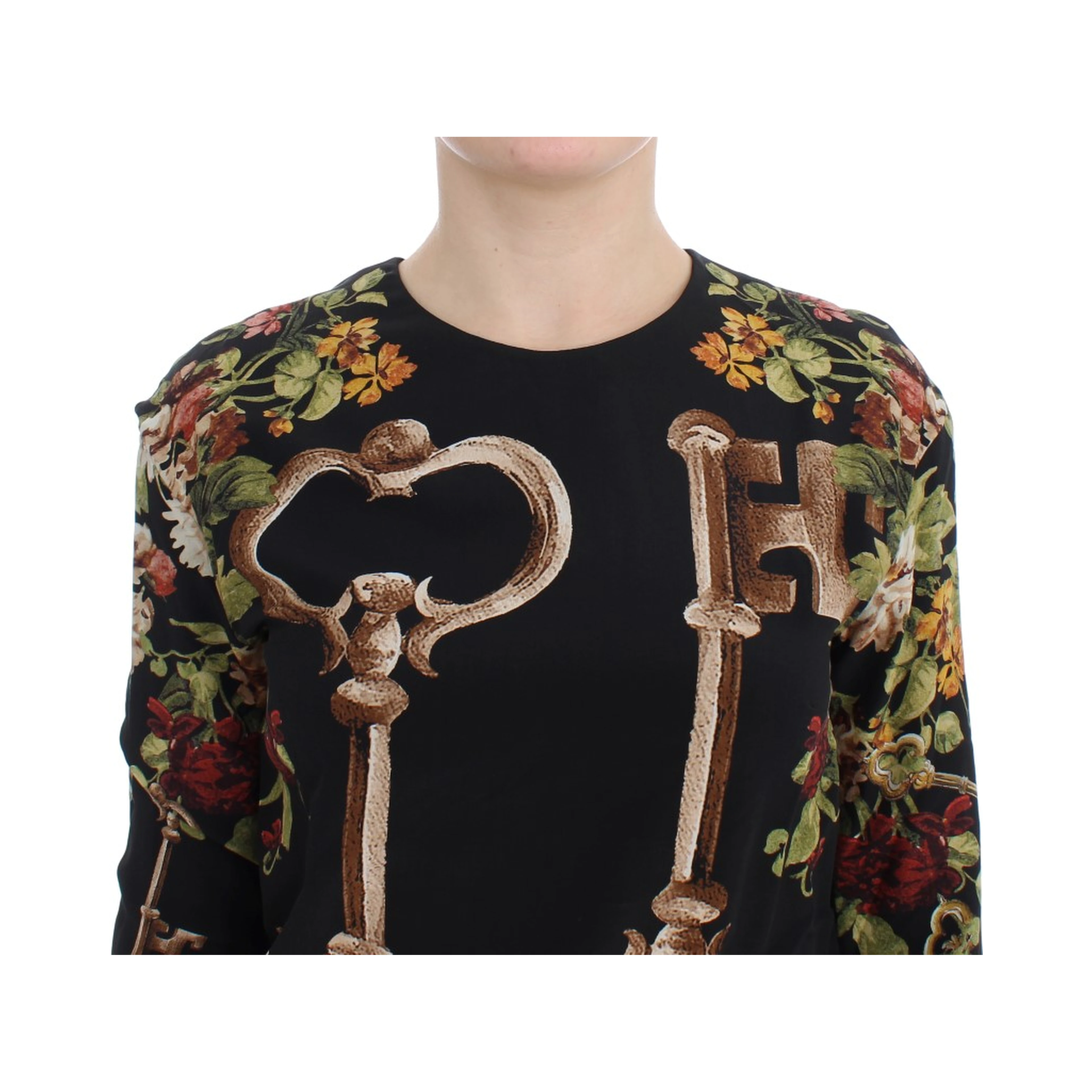 Black Key Floral Print Silk Blouse Top