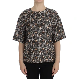 Gray Gold Key Print Silk Blouse T-shirt
