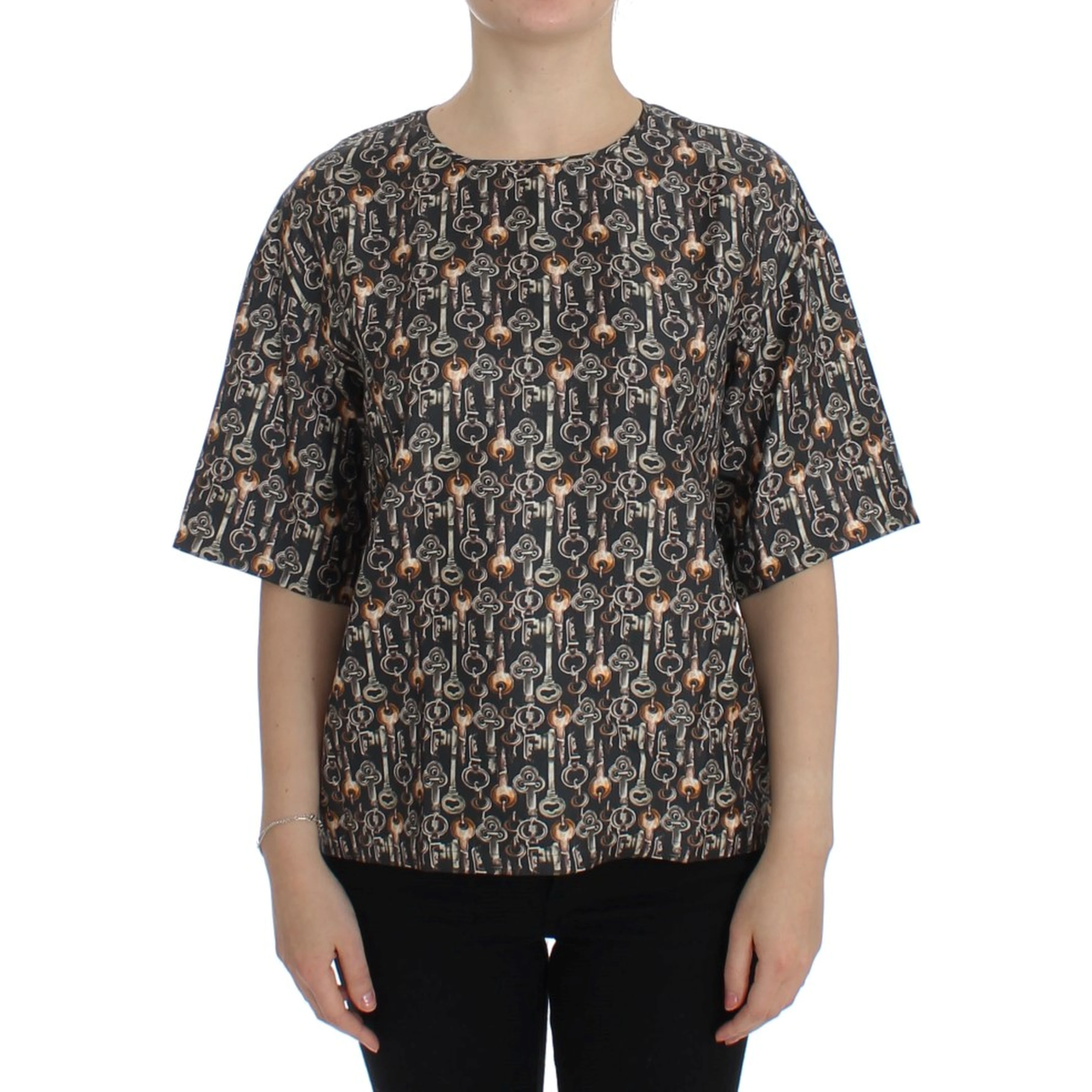 Gray Gold Key Print Silk Blouse T-shirt